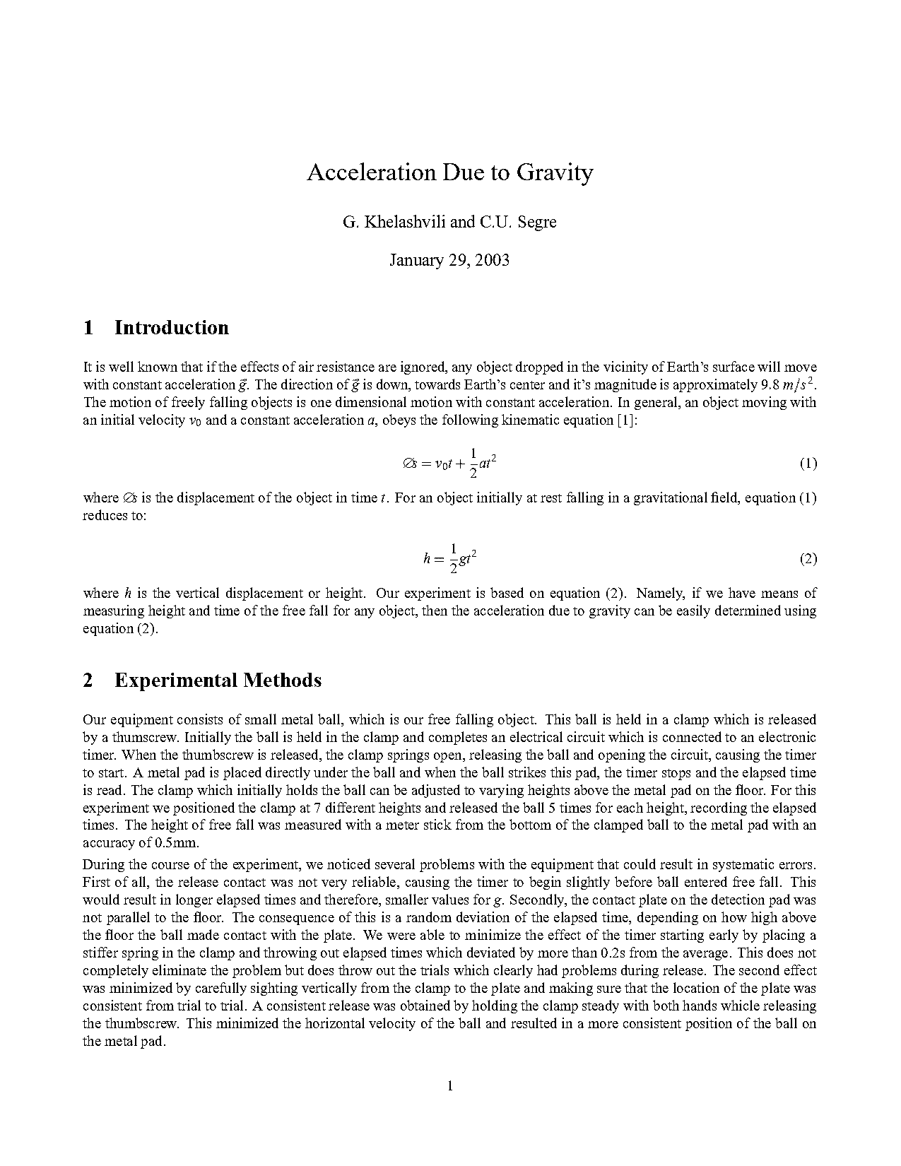 measurement of g by free fall lab report