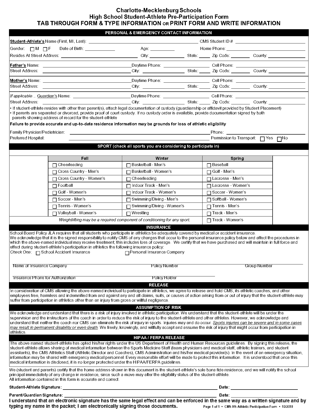 cms schools athletic forms