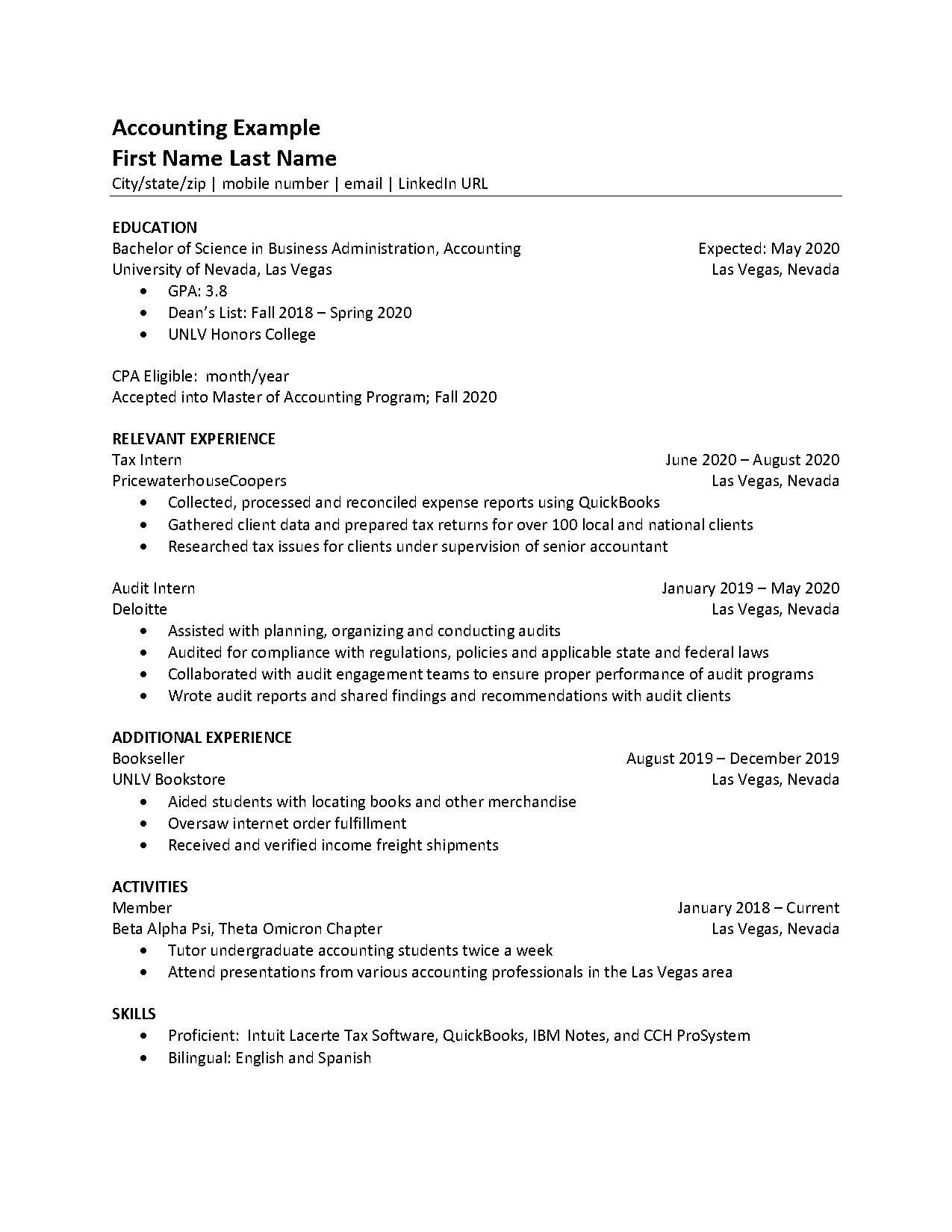 bachelor of accounting resume example