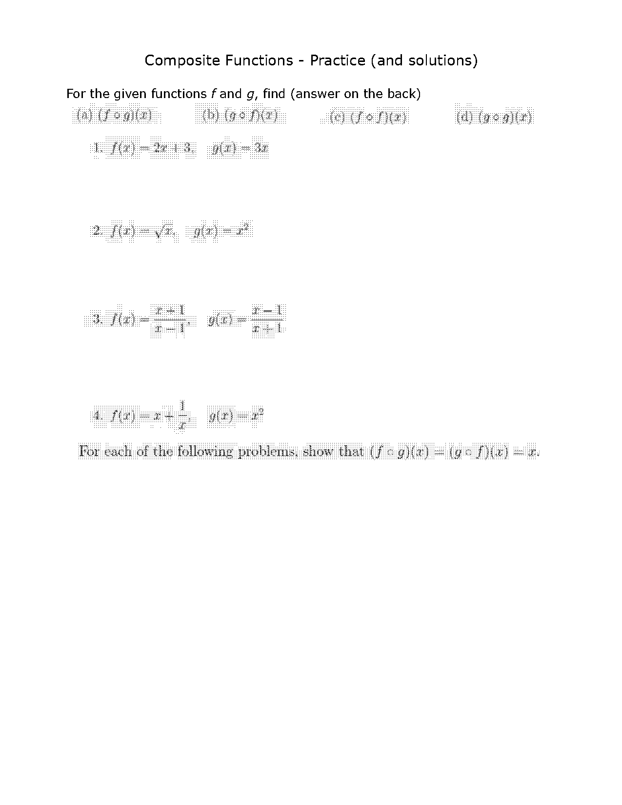 composition of functions worksheet calculus