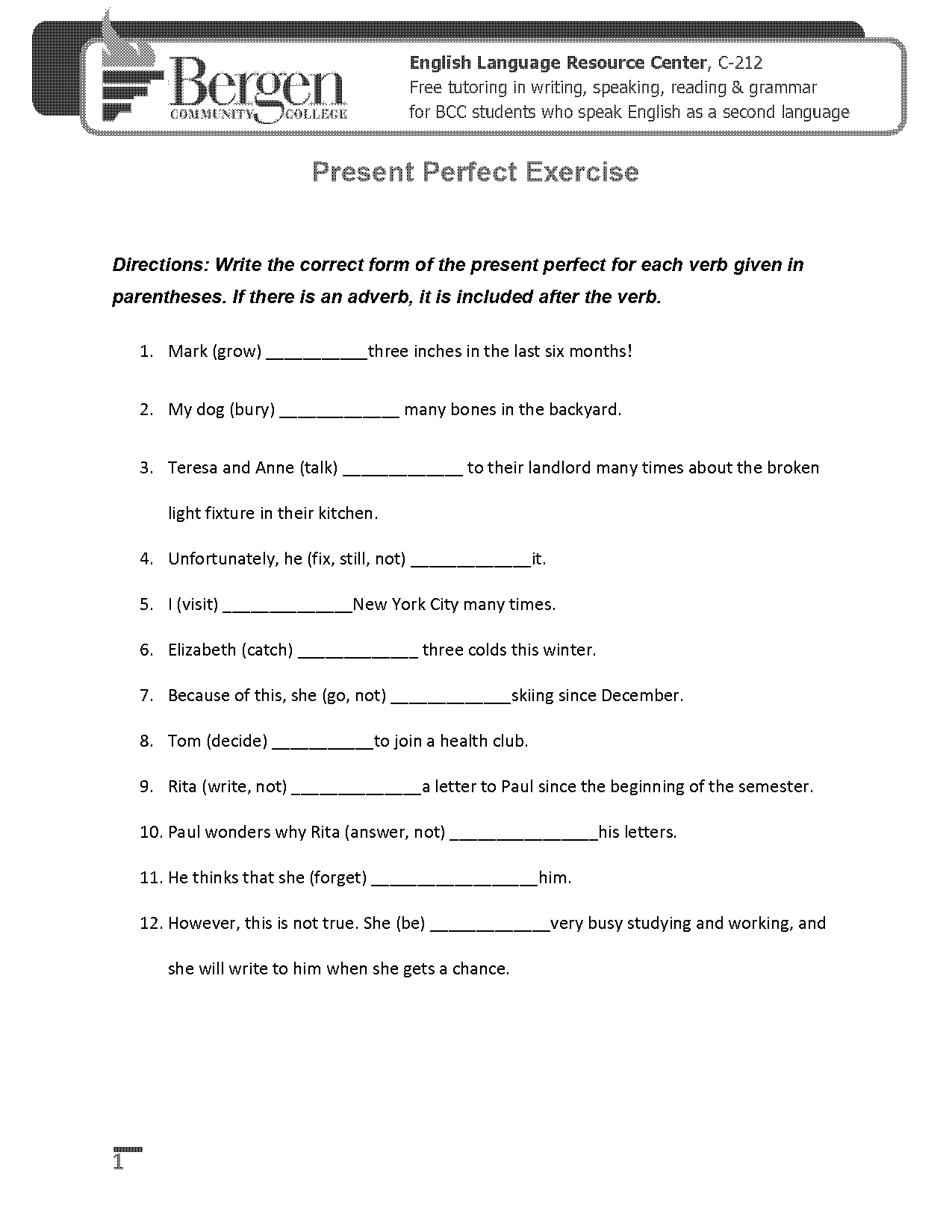 esl present perfect worksheet