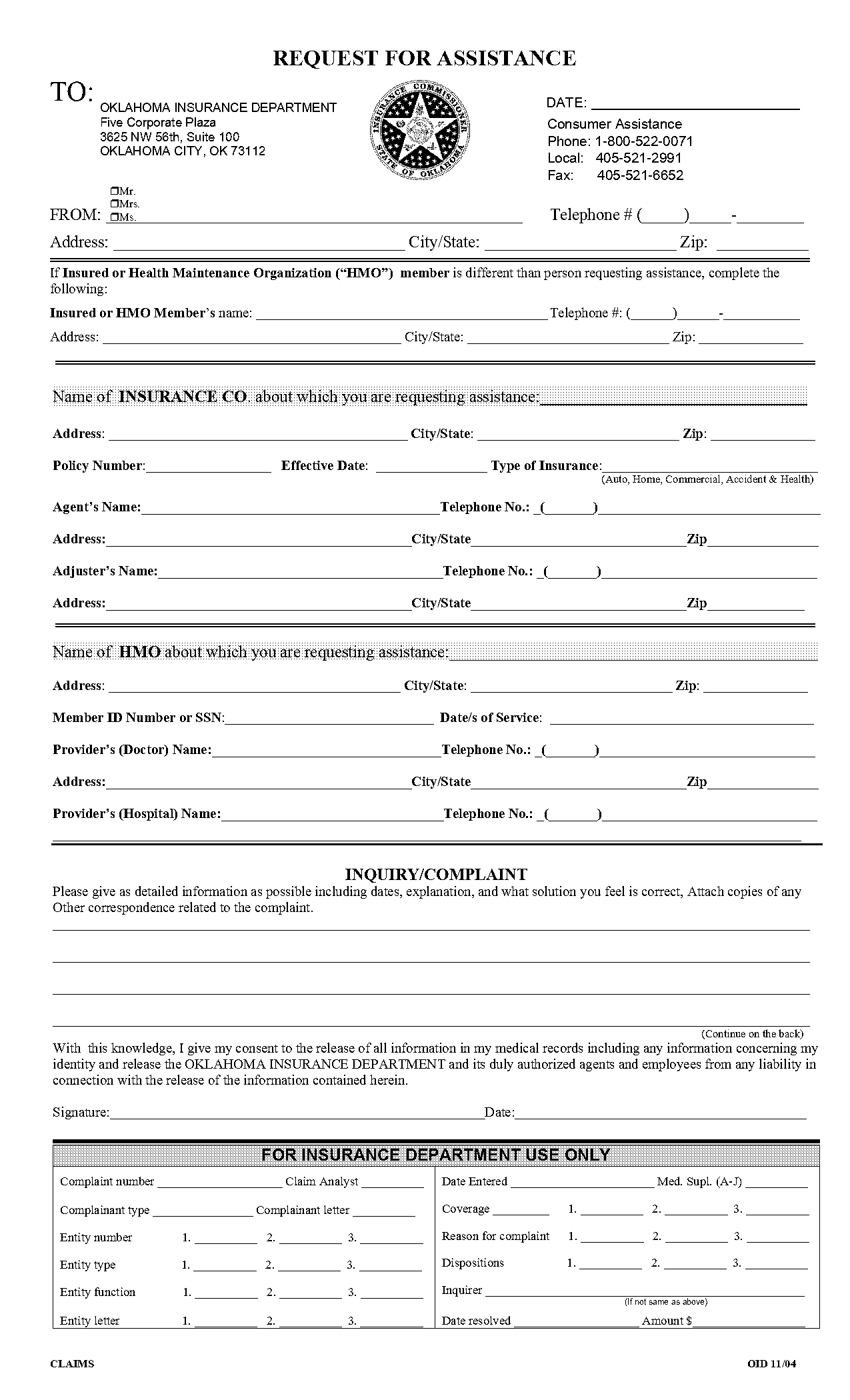 oklahoma insurance department complaint form