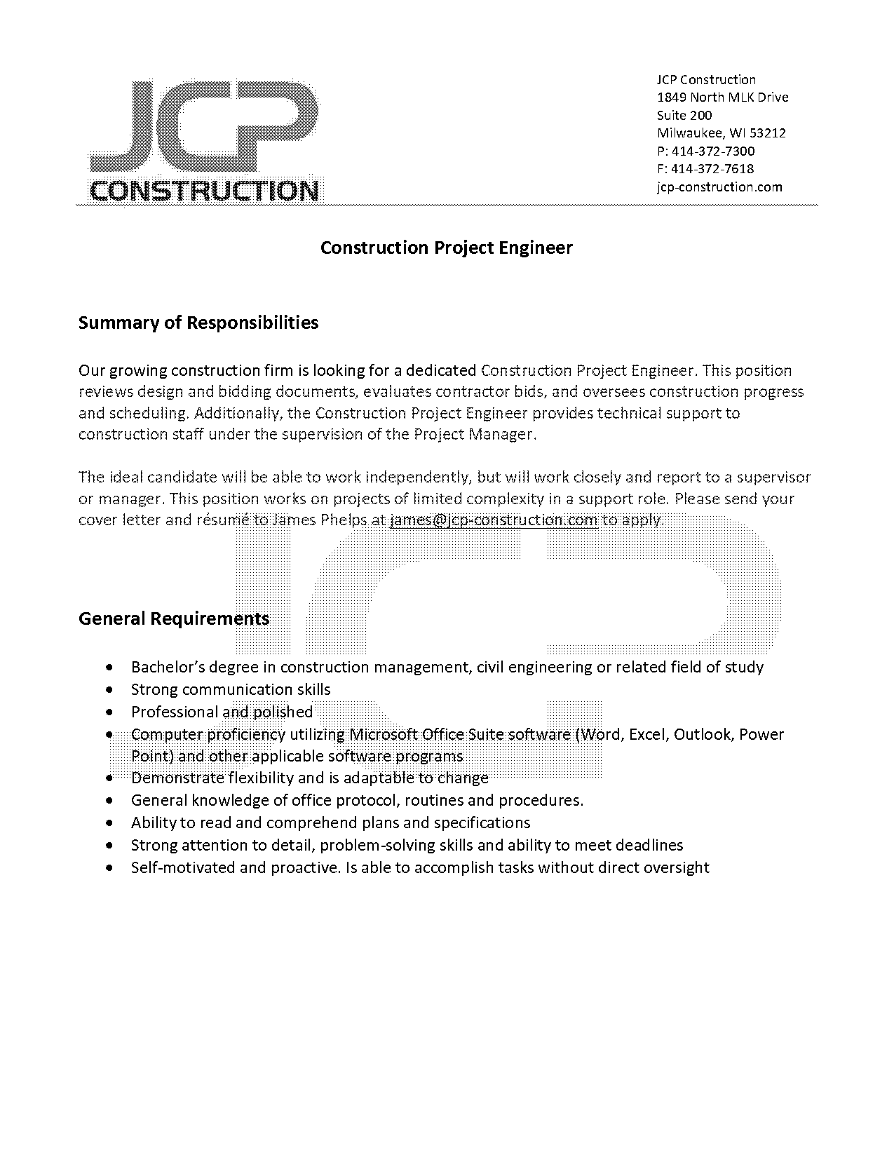 construction project engineer resume