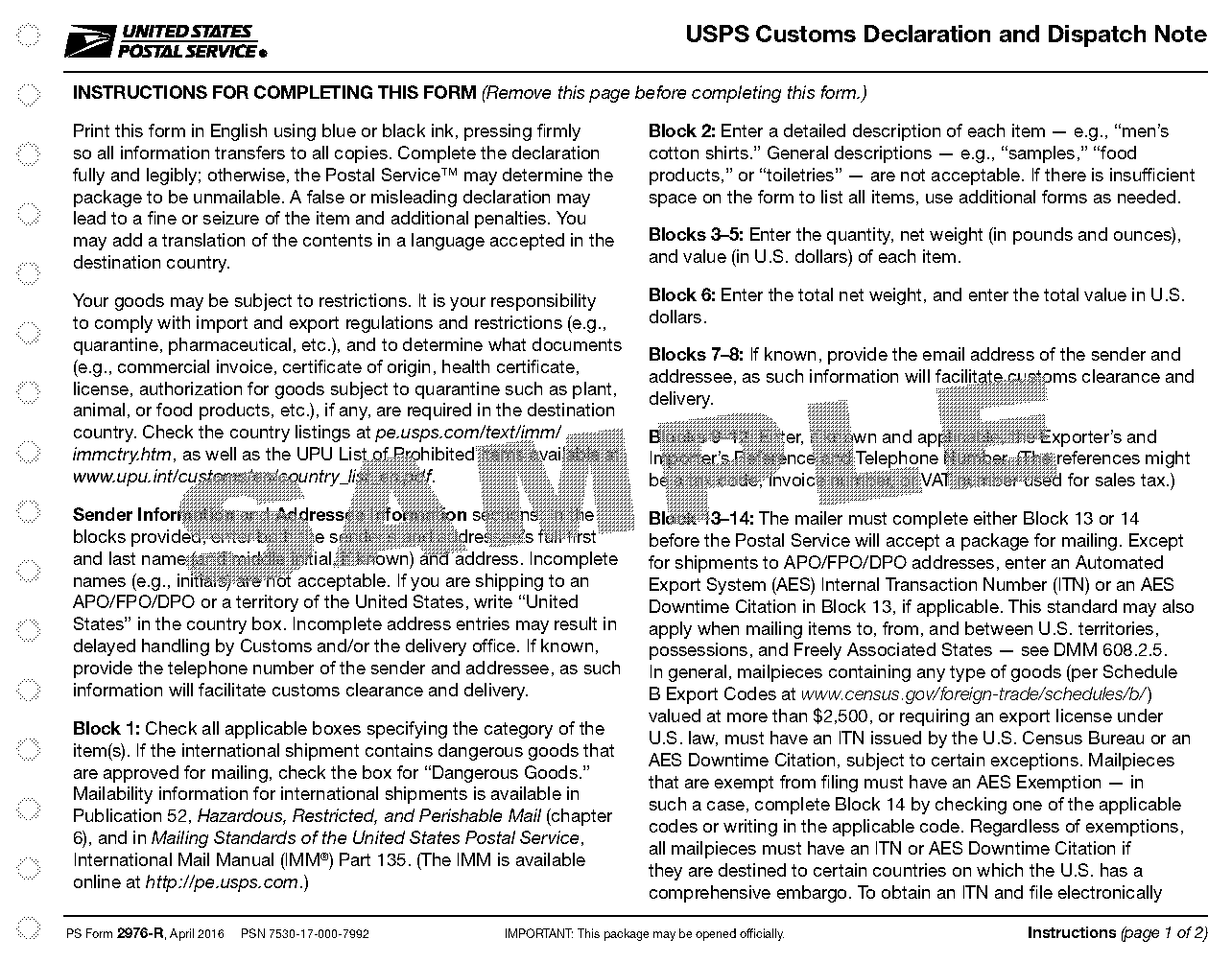 customs declaration form canada sample