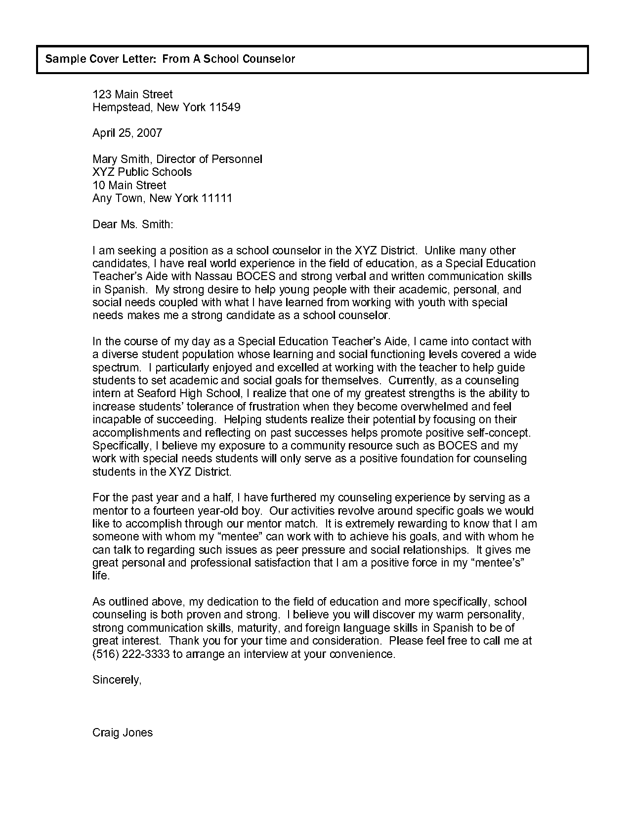 sample cover letter for school counseling internship