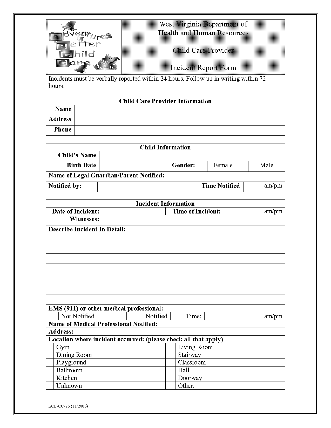 child care incident report form