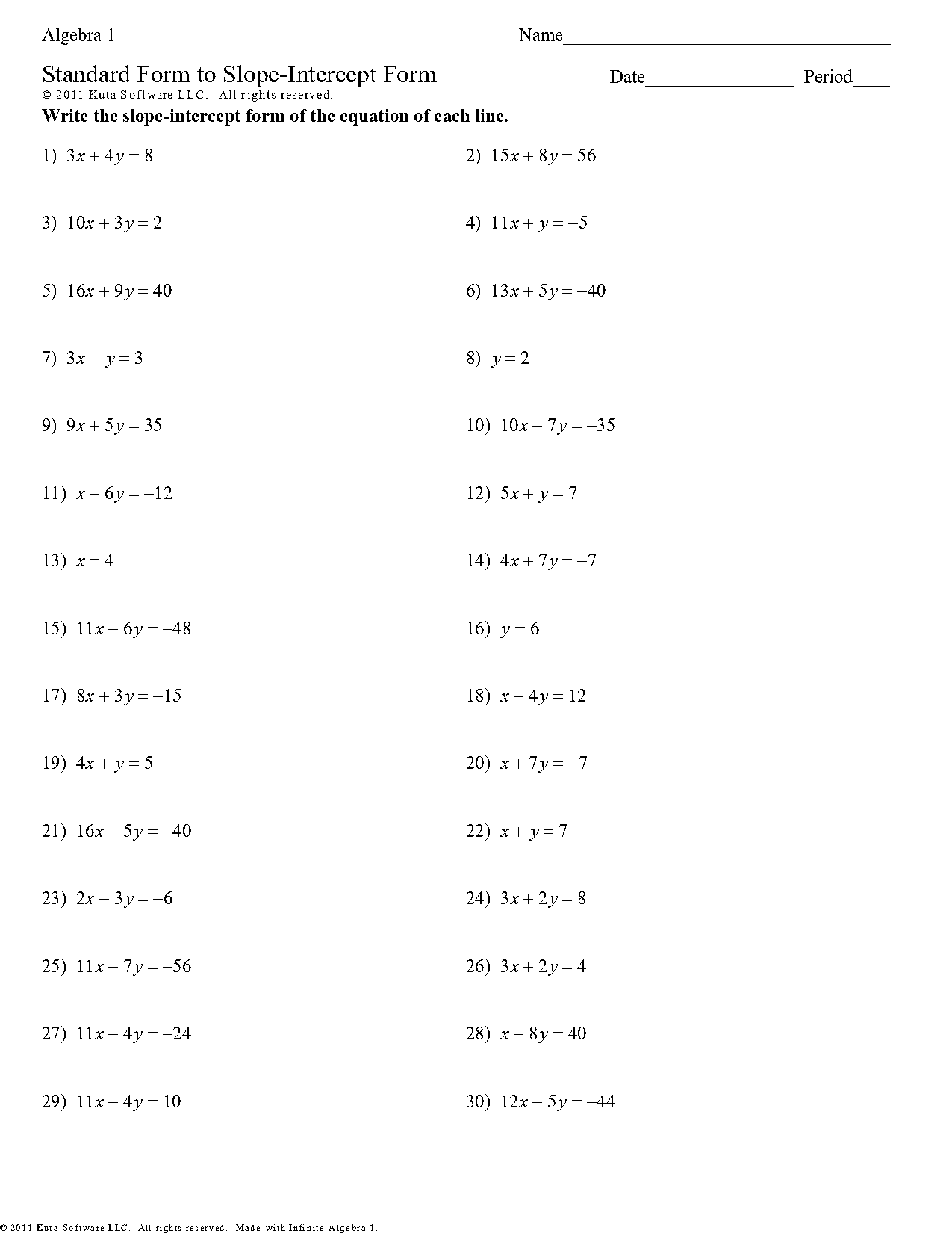 convert standard to slope intercept form guided notes pdf