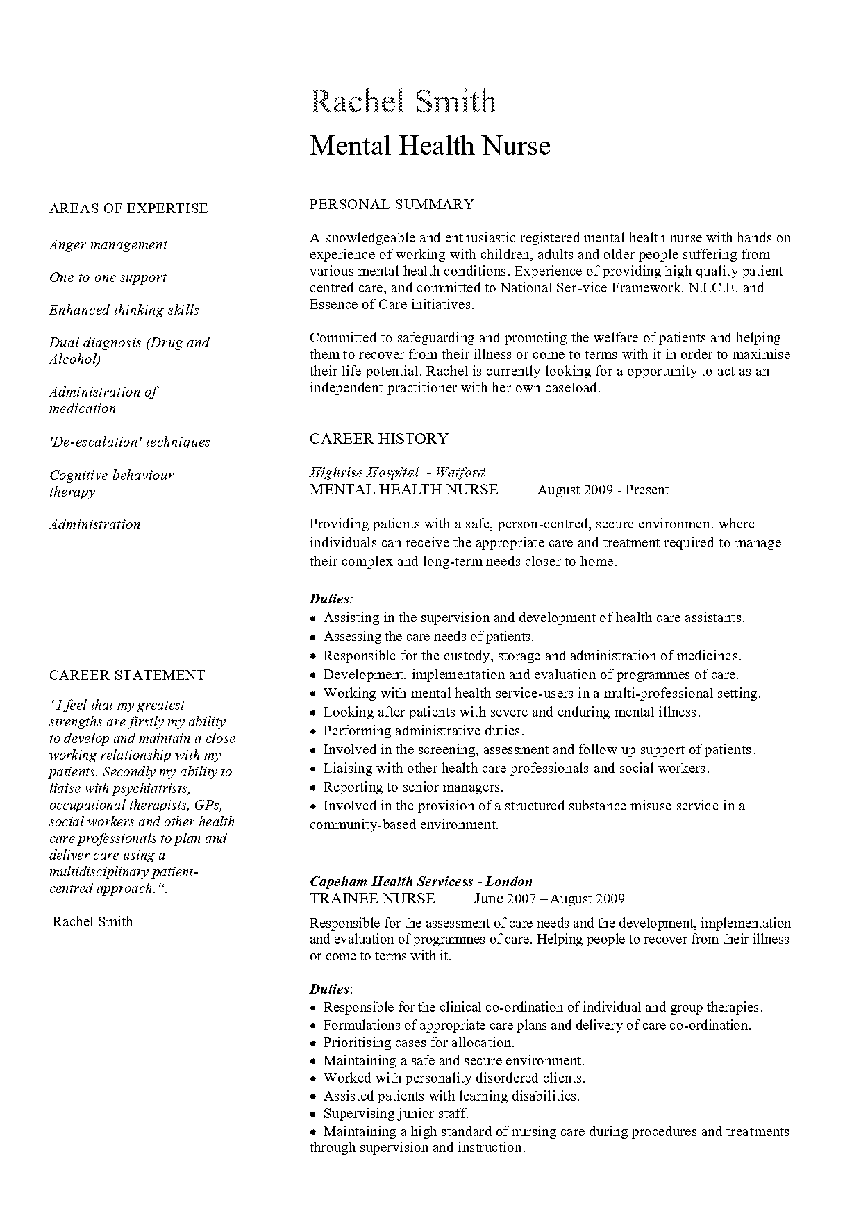 mental health nurse resume objective