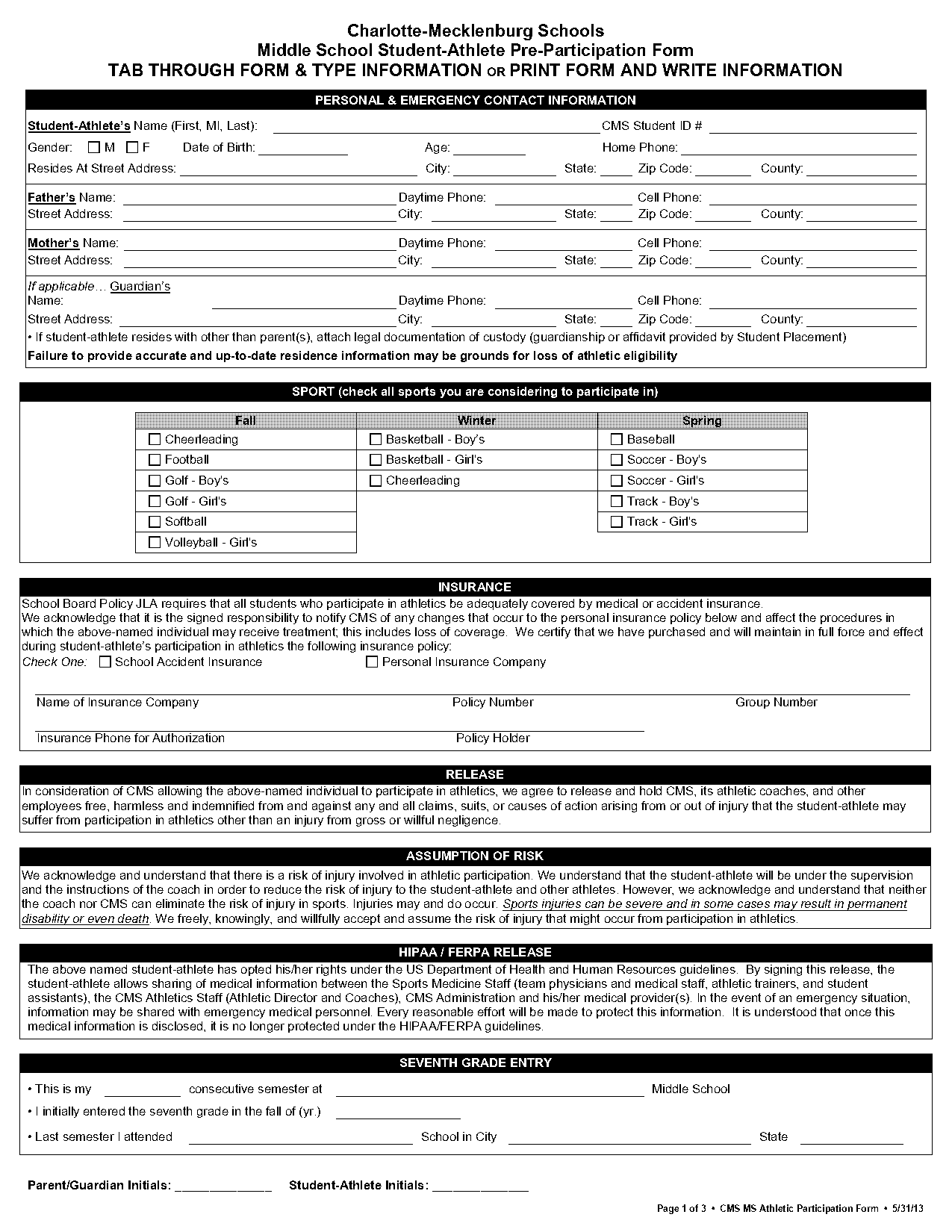 cms schools athletic forms