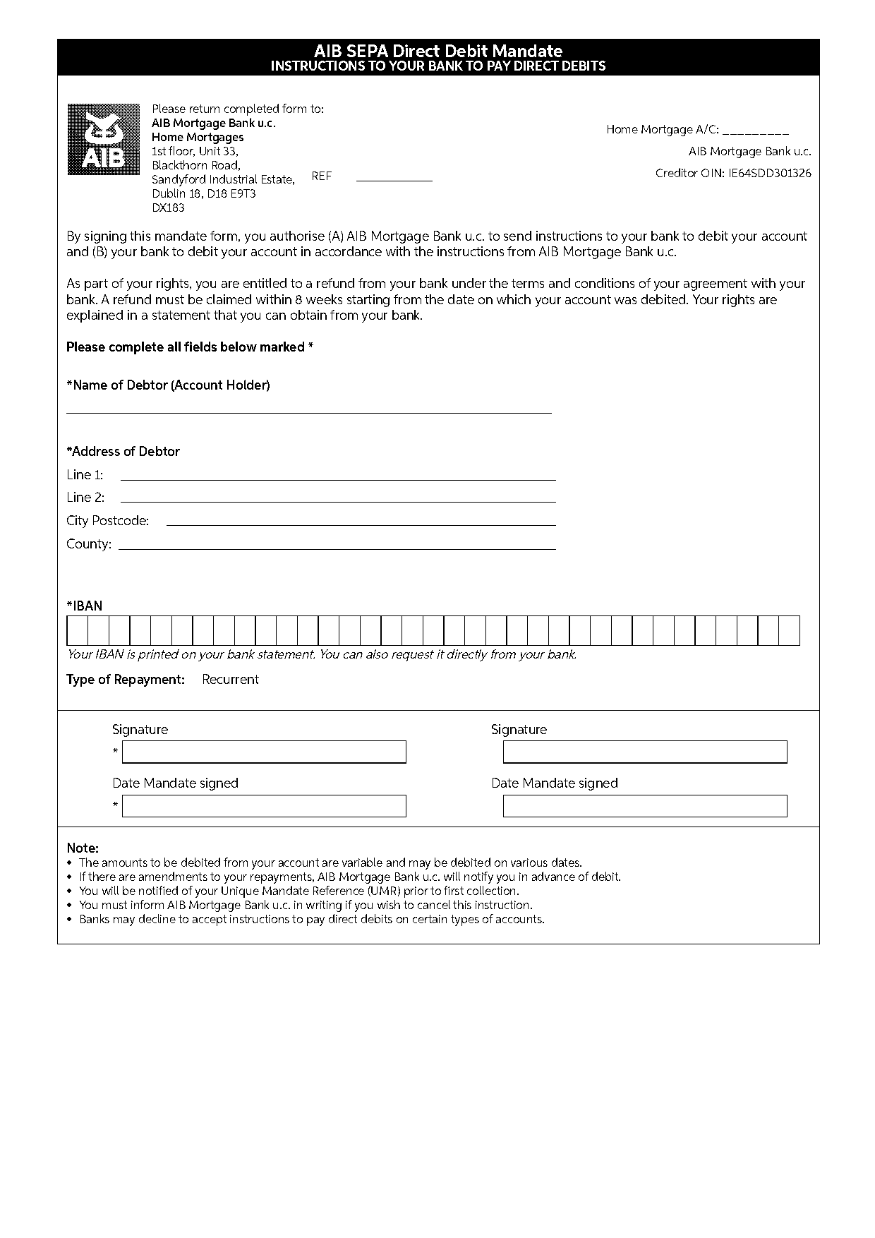 sepa direct debit mandate aib