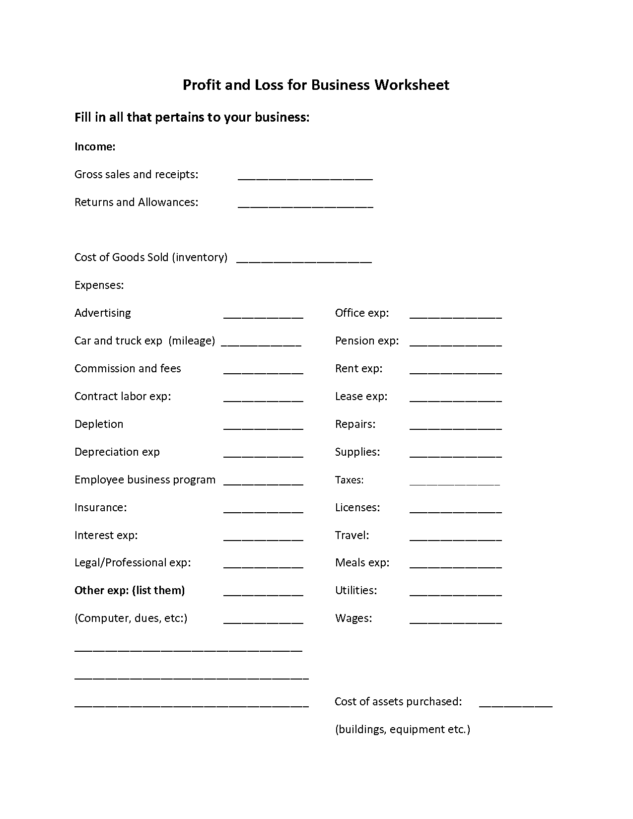 profit and loss worksheet pdf