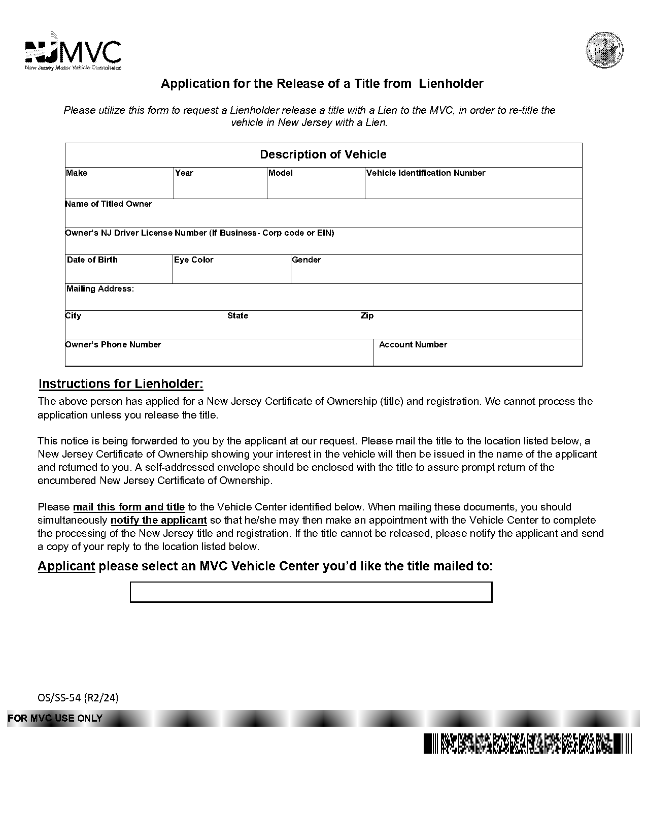 request for vehicle release of lien letter