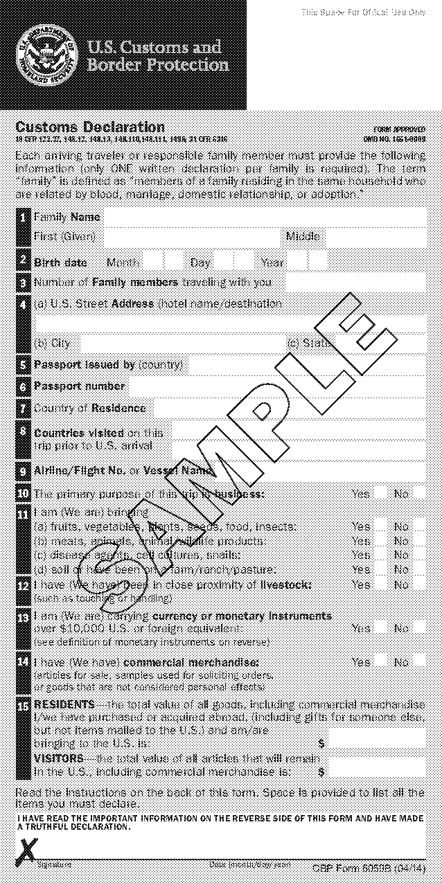 customs declaration form canada sample