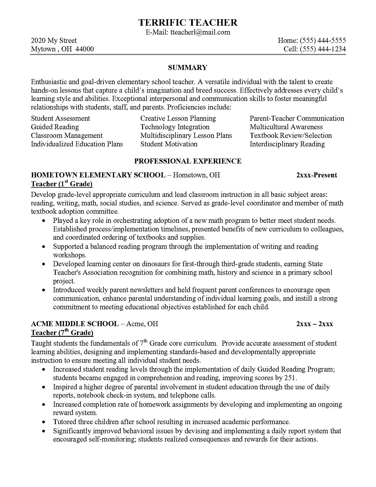 objective for resume for teacher