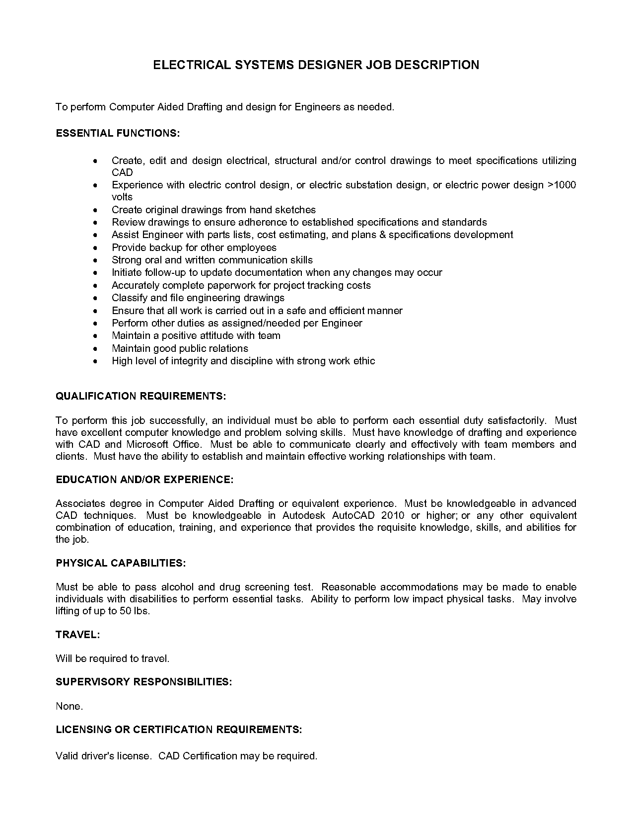 electrical designer job requirements