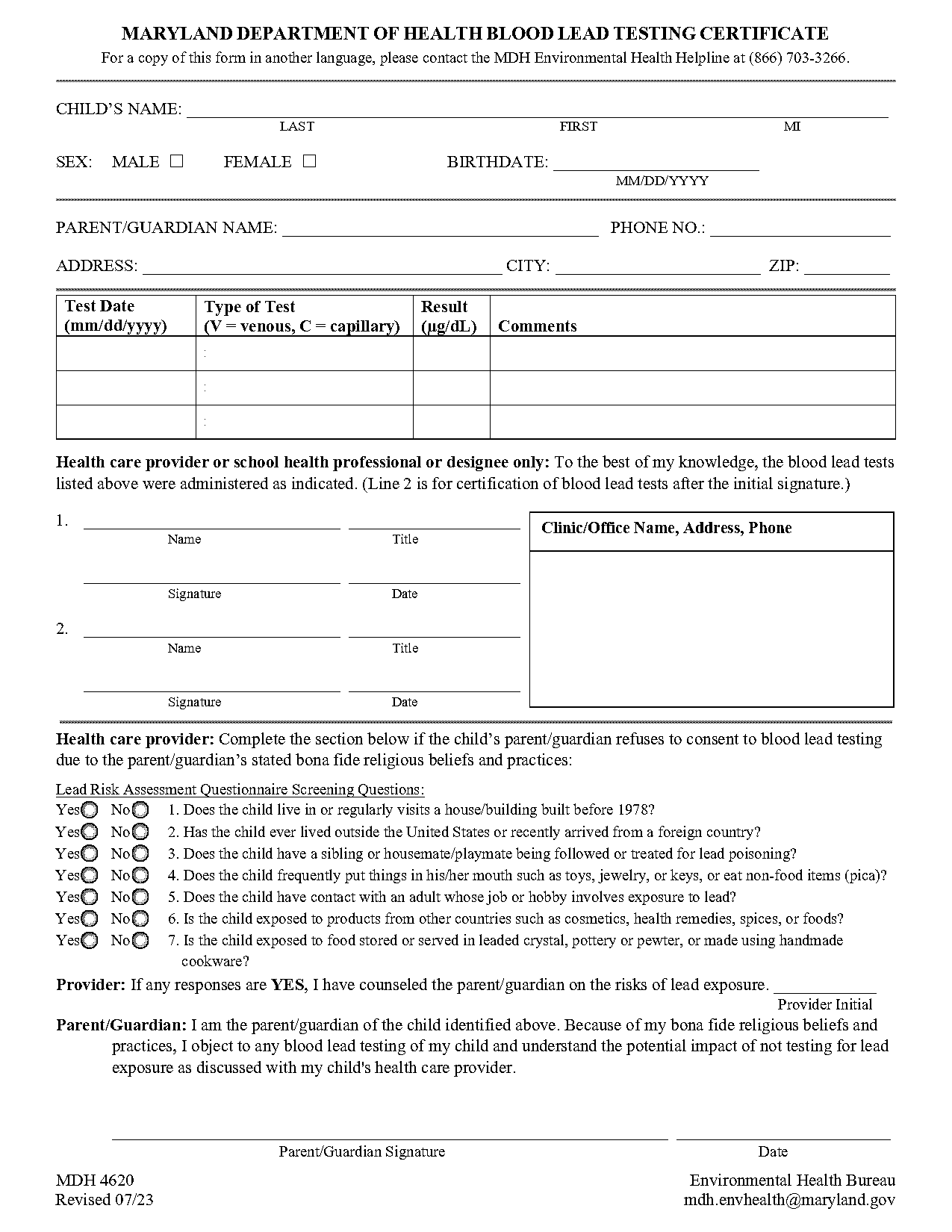 maryland state health department forms