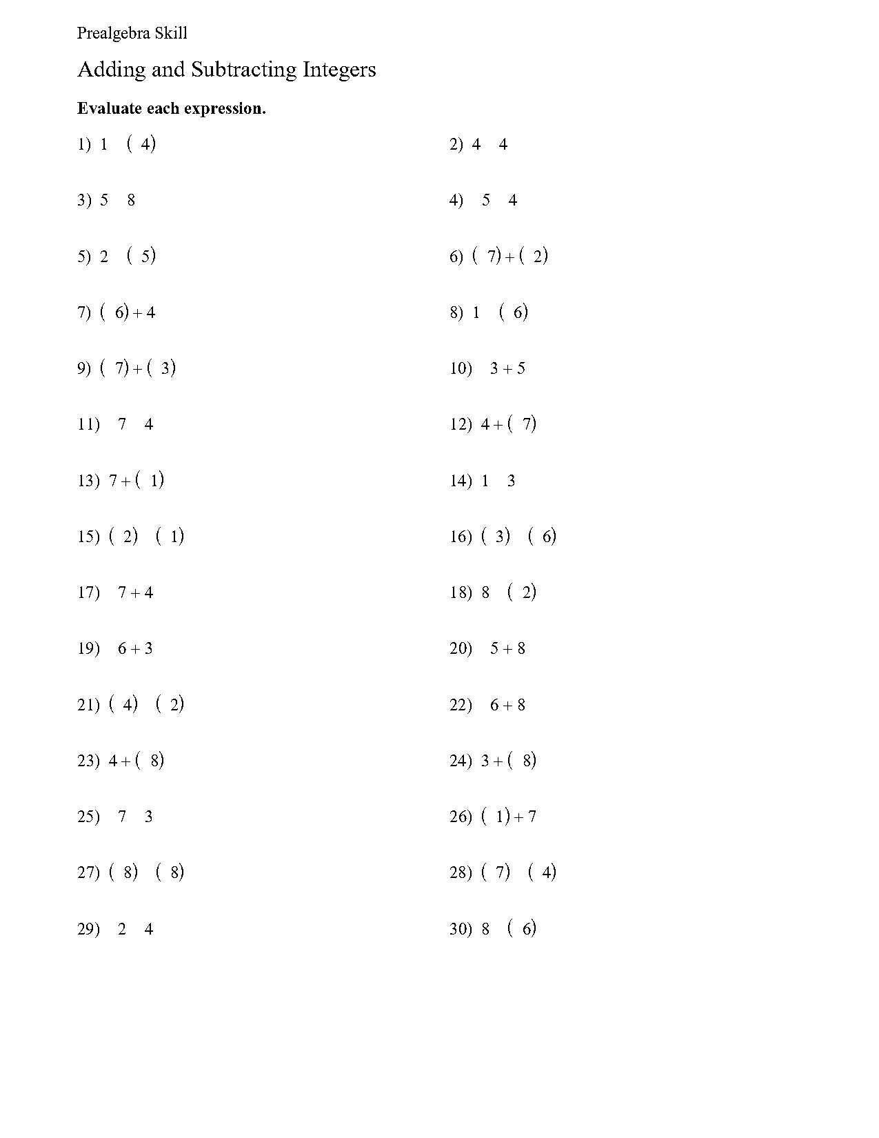 free adding and subtracting integers worksheet