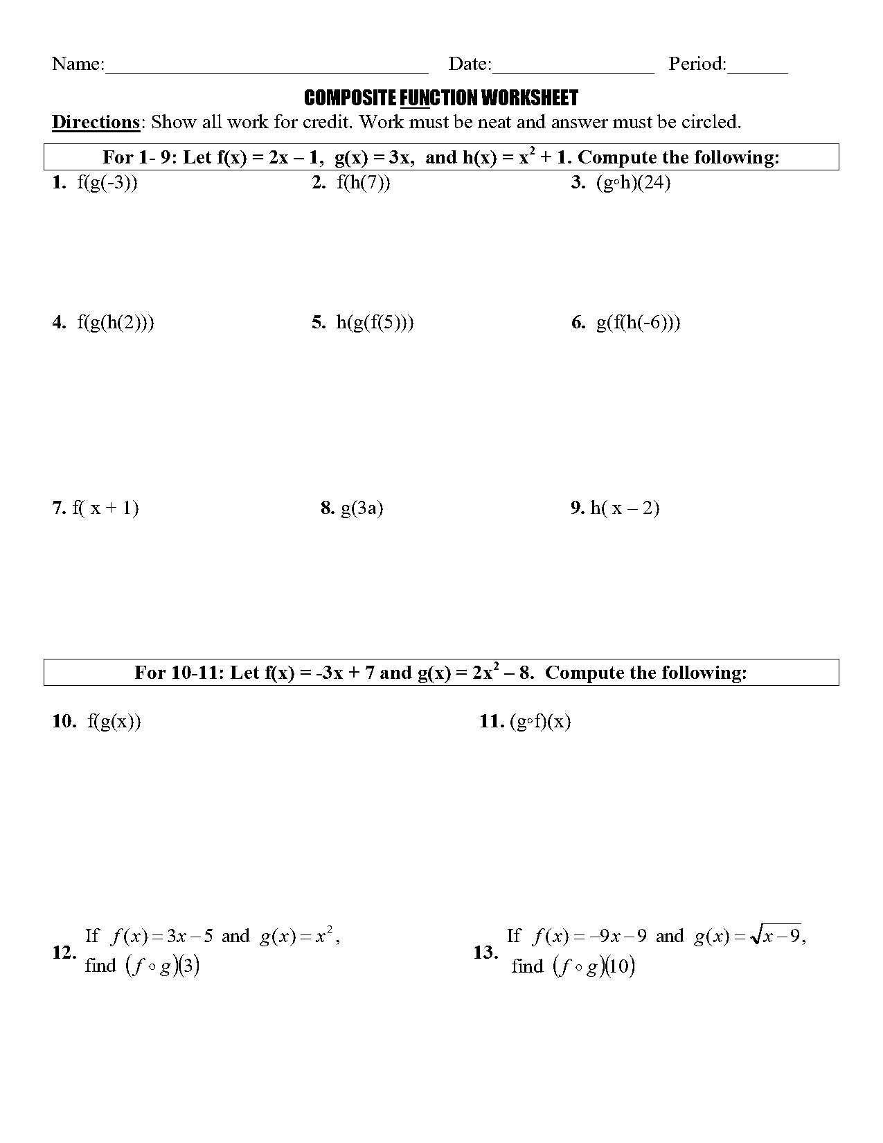 composition of functions worksheet calculus