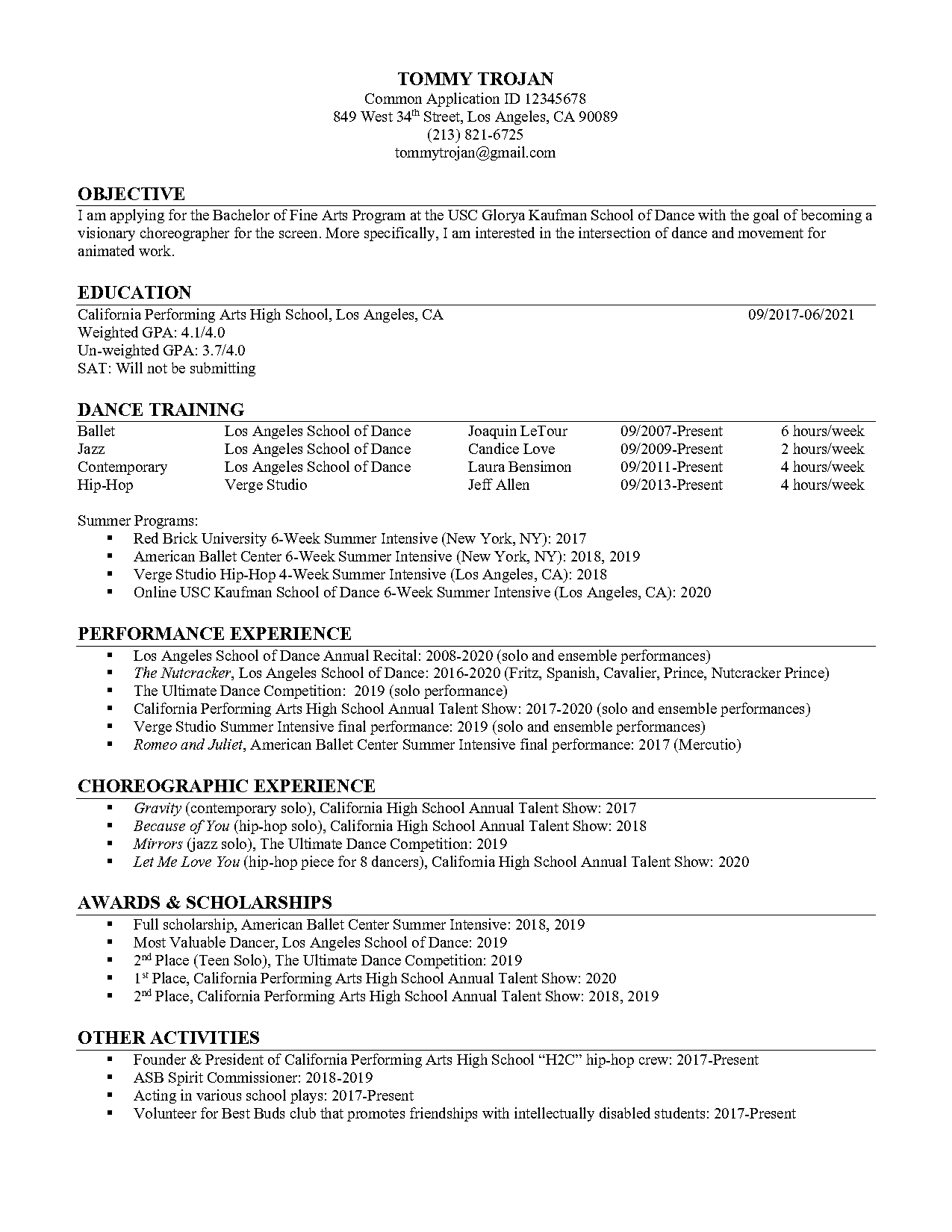 dance choreographer resume sample