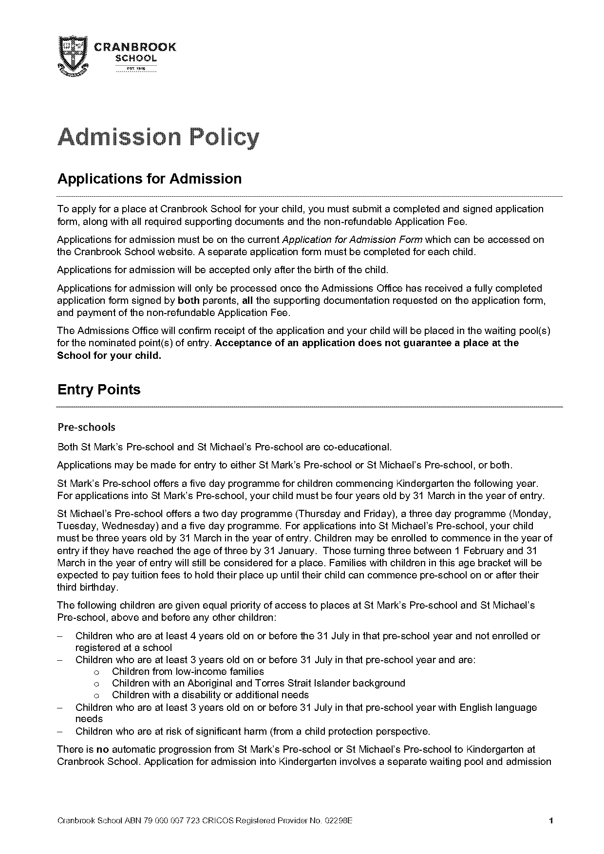 cranbrook school admissions policy