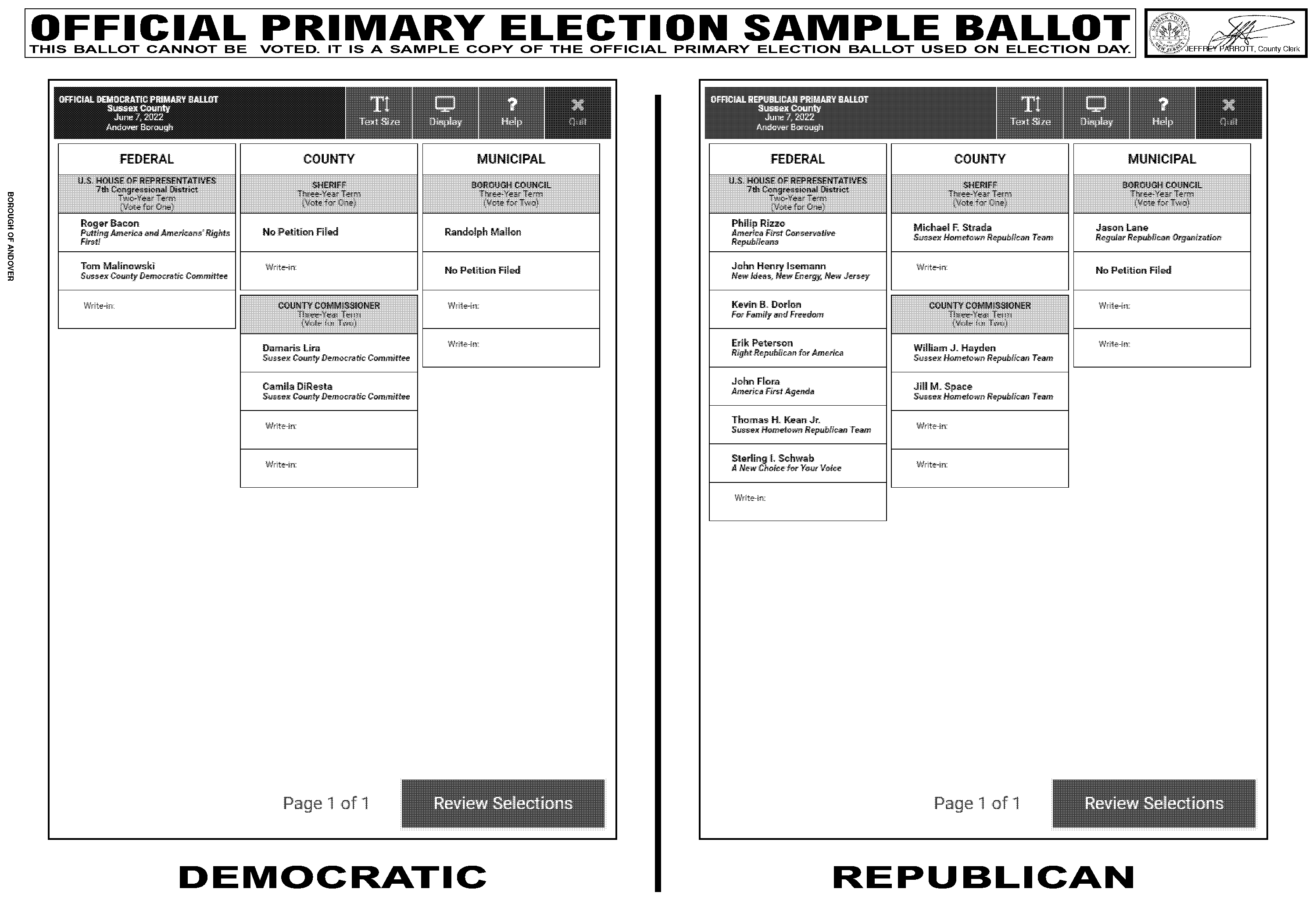 sussex county nj sample ballot