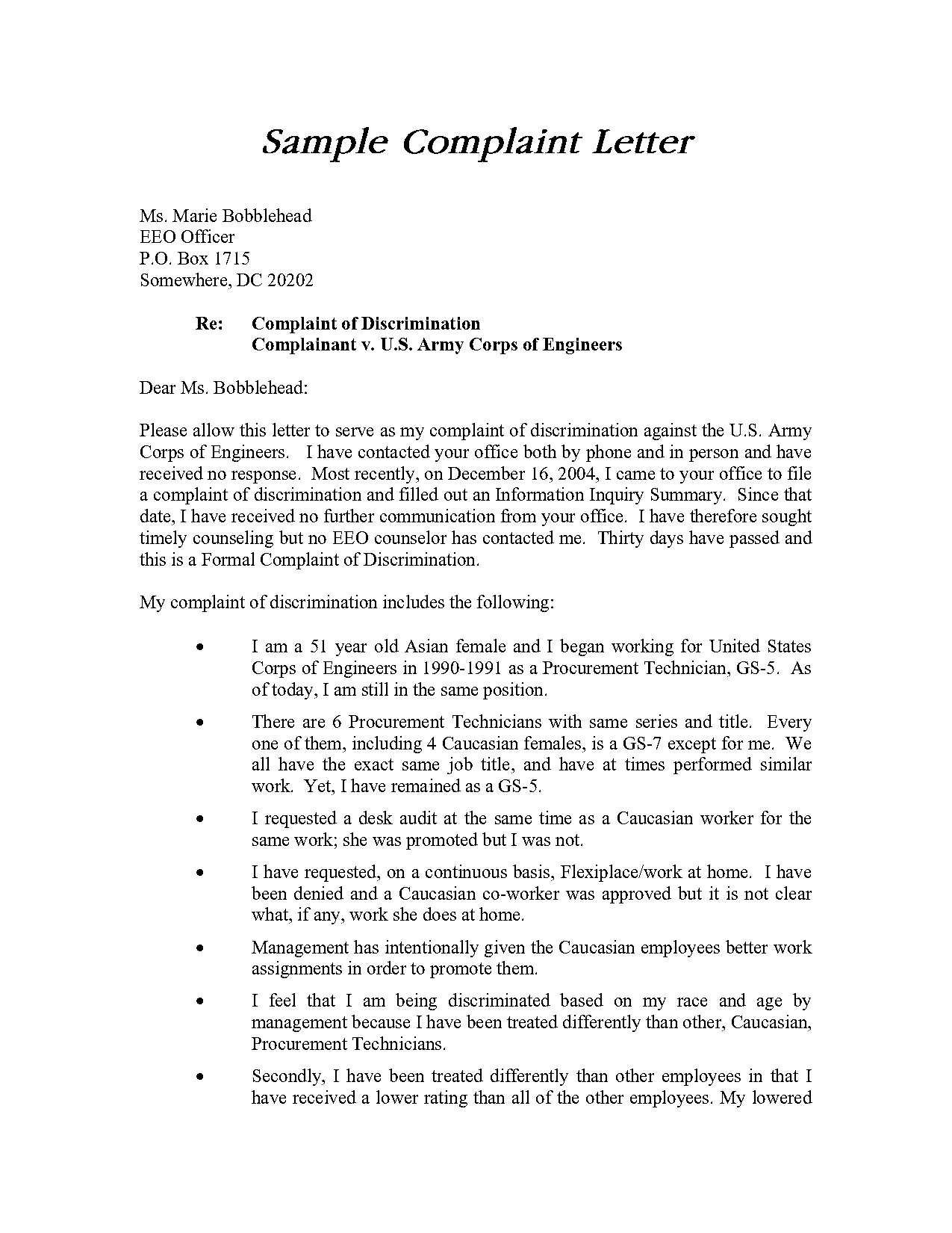 sample of complaint letter