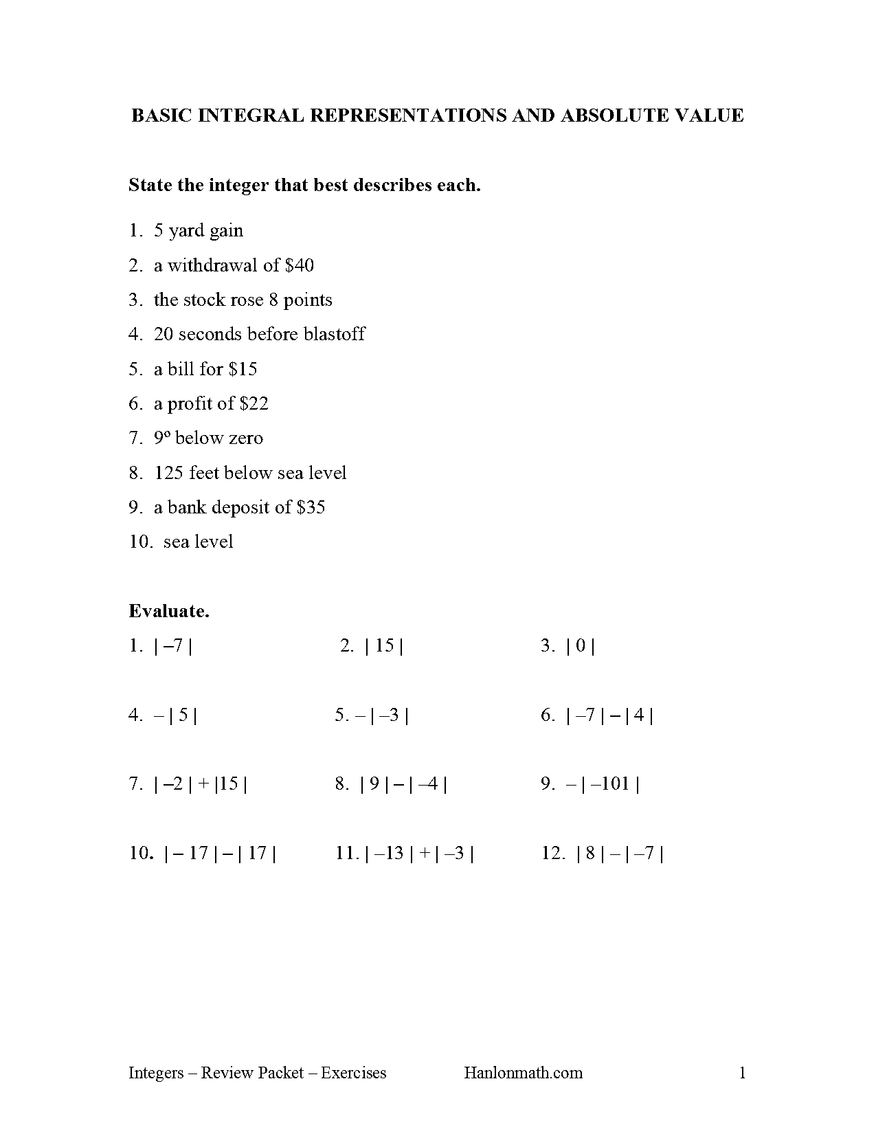 free adding and subtracting integers worksheet