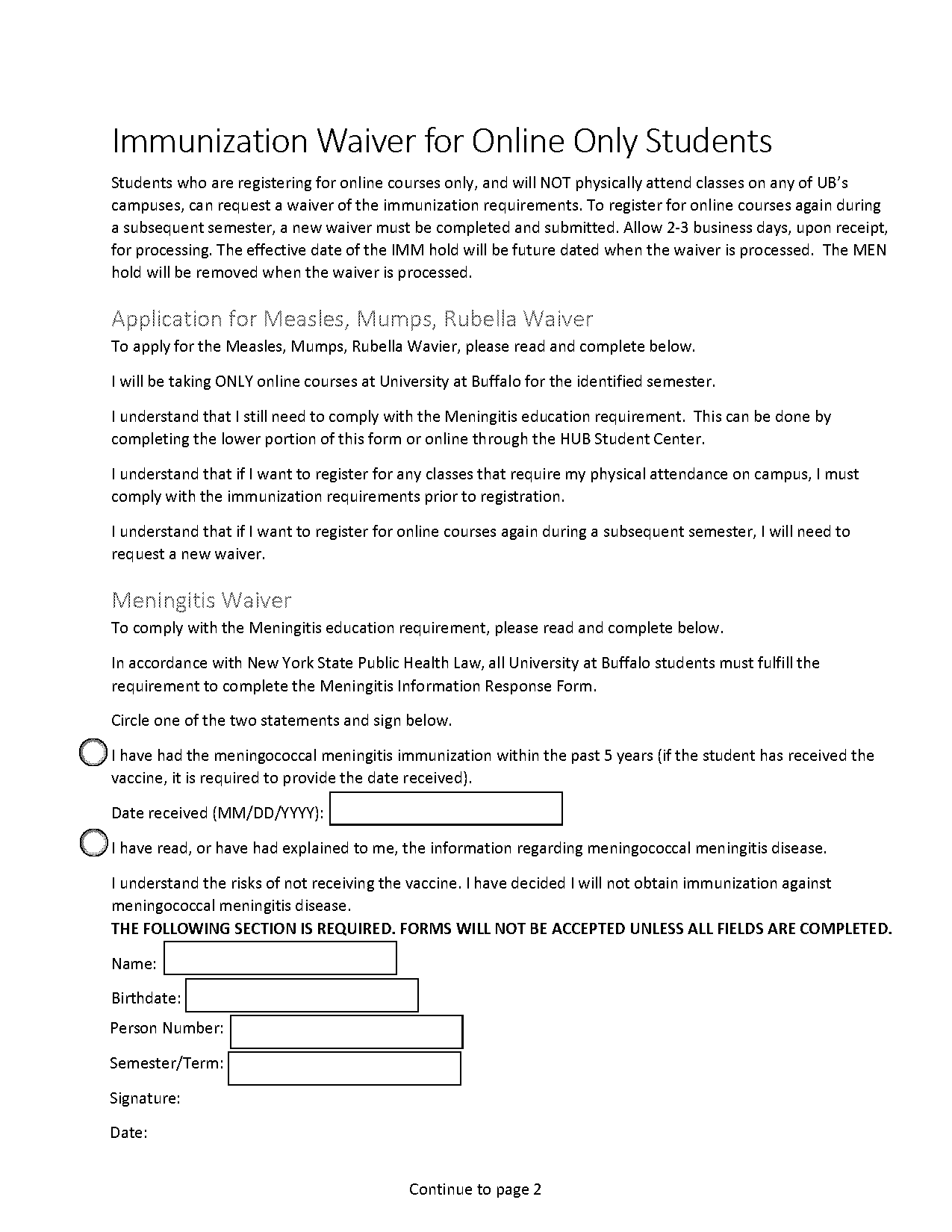 ub meningitis waiver form