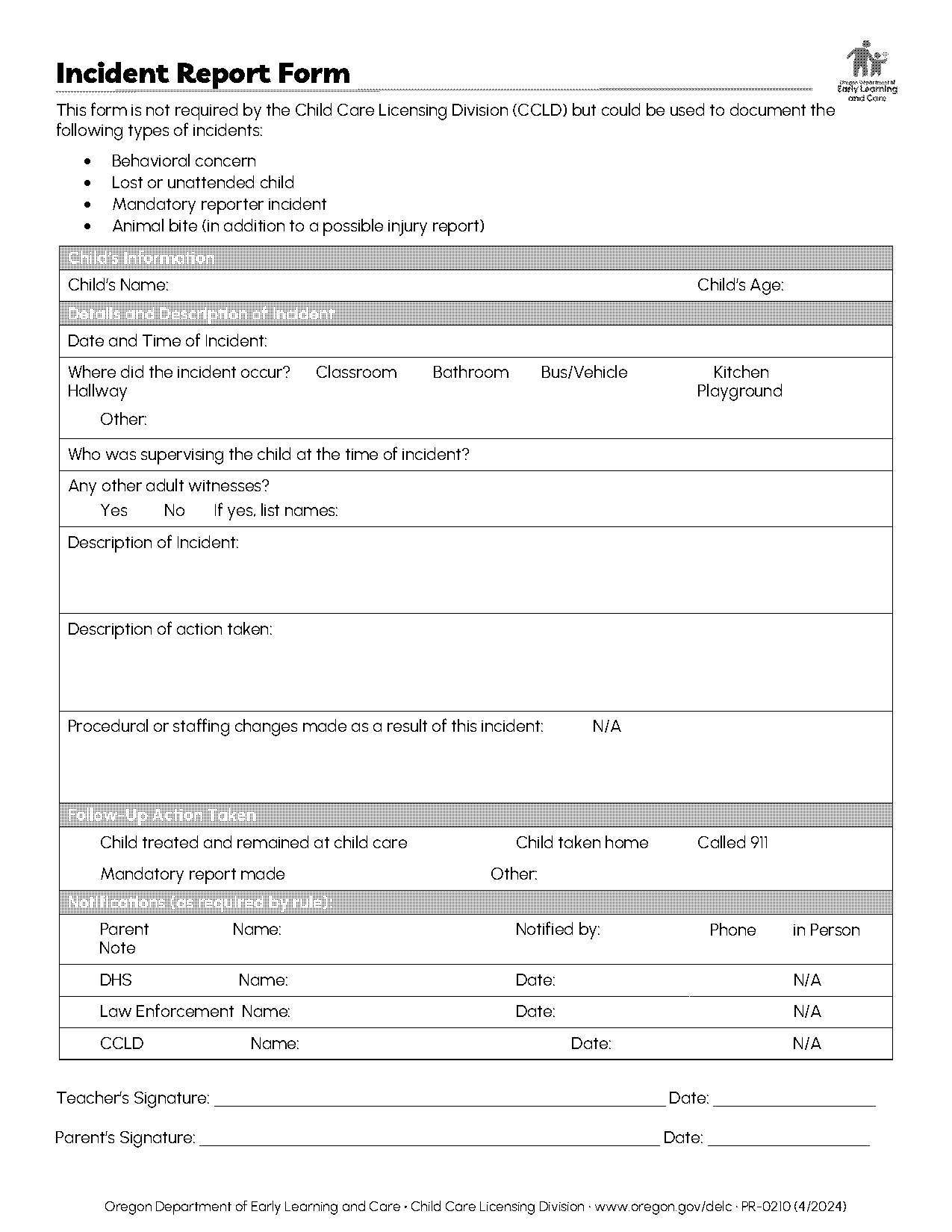 child care incident report form