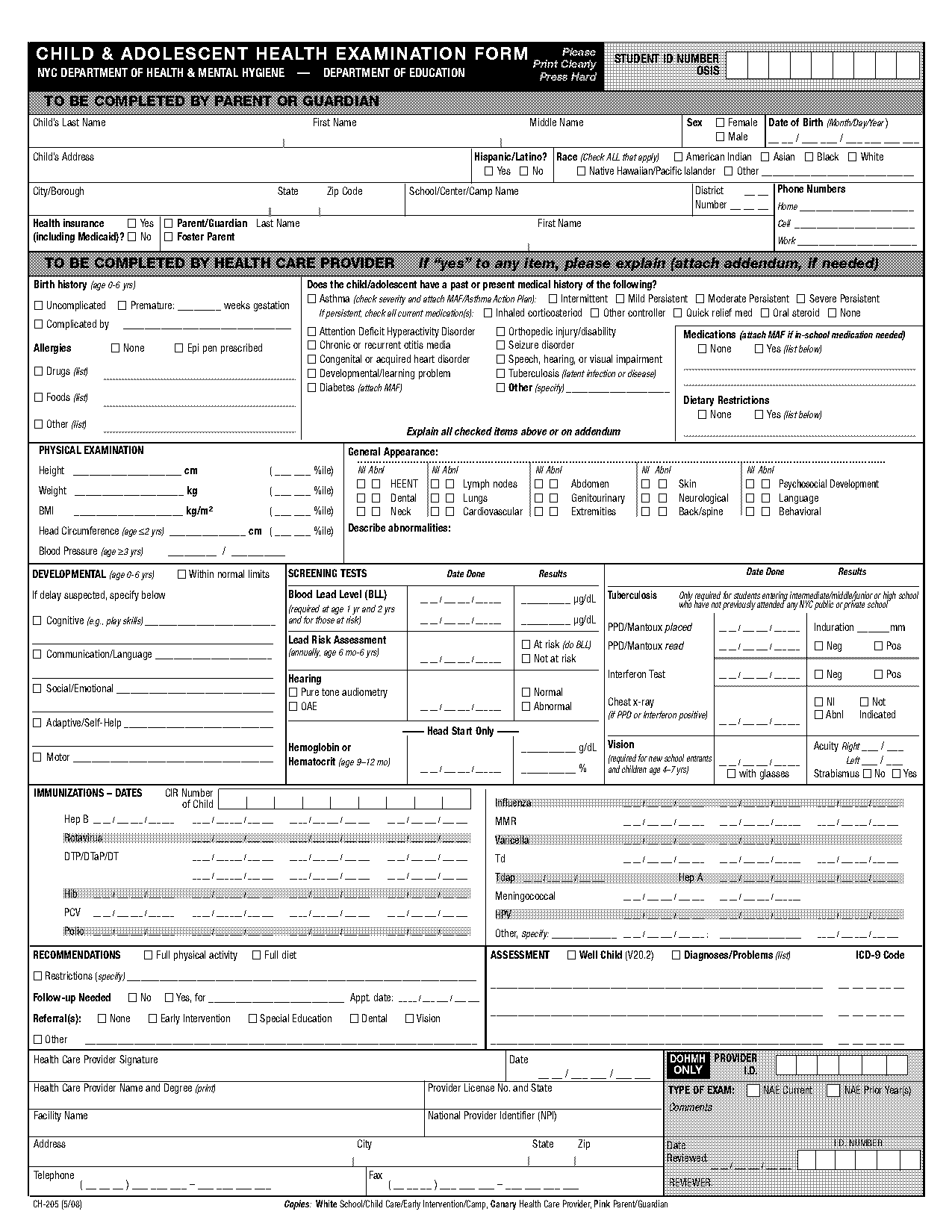 nyc health screening questionnaire doe