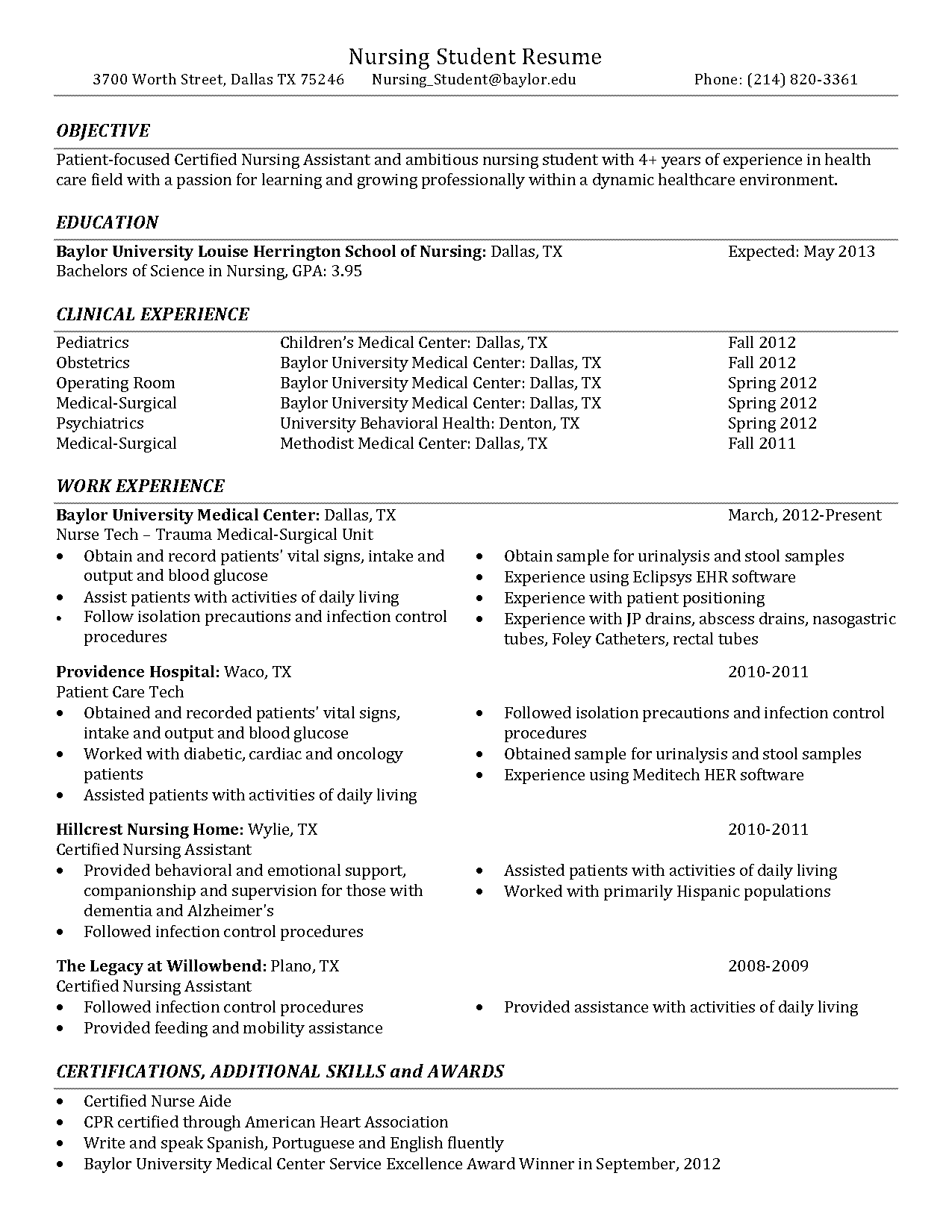 resume for bsn nursing