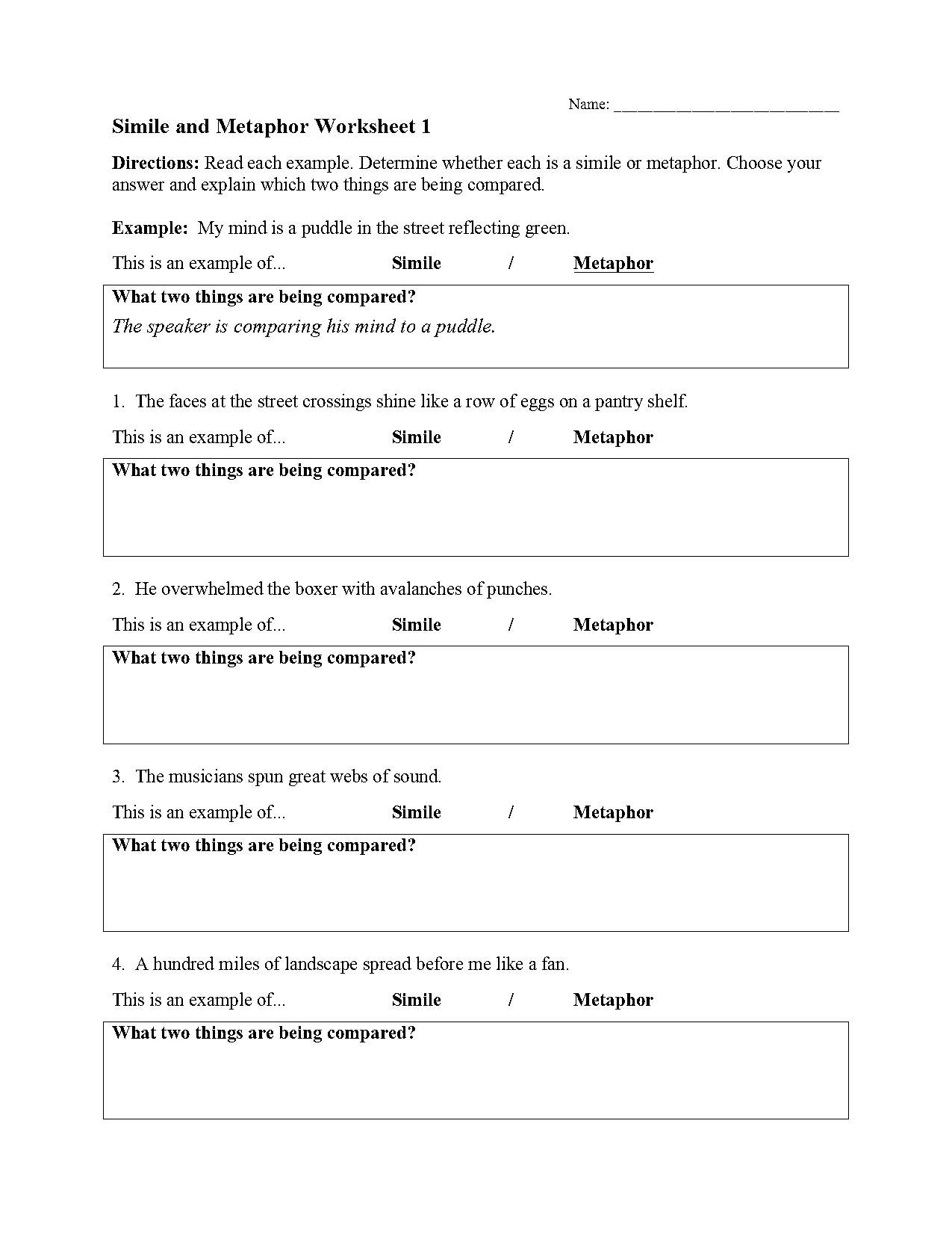 practice similes and metaphors worksheets